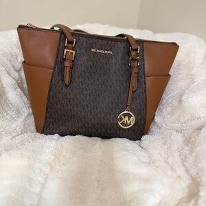 Michael Kors Jet Set Travel Tote | Brown MK Monogram | Leather Trim Shoulder Bag